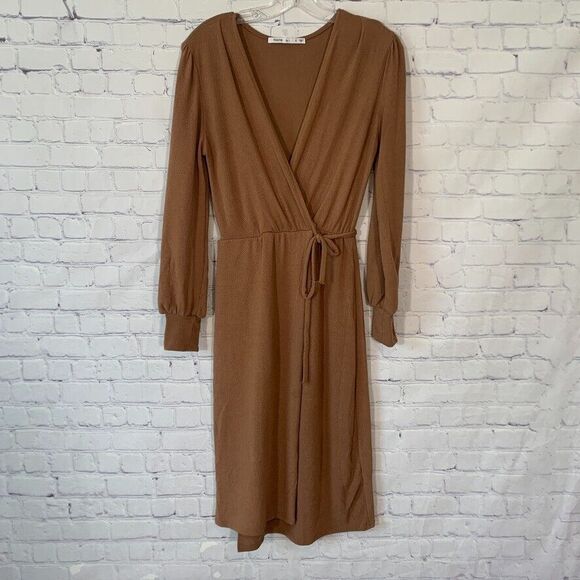 Fraiche by J Crossover Tie Front Midi Long Sleeve Dress Brown Size Small - Picture 1 of 7
